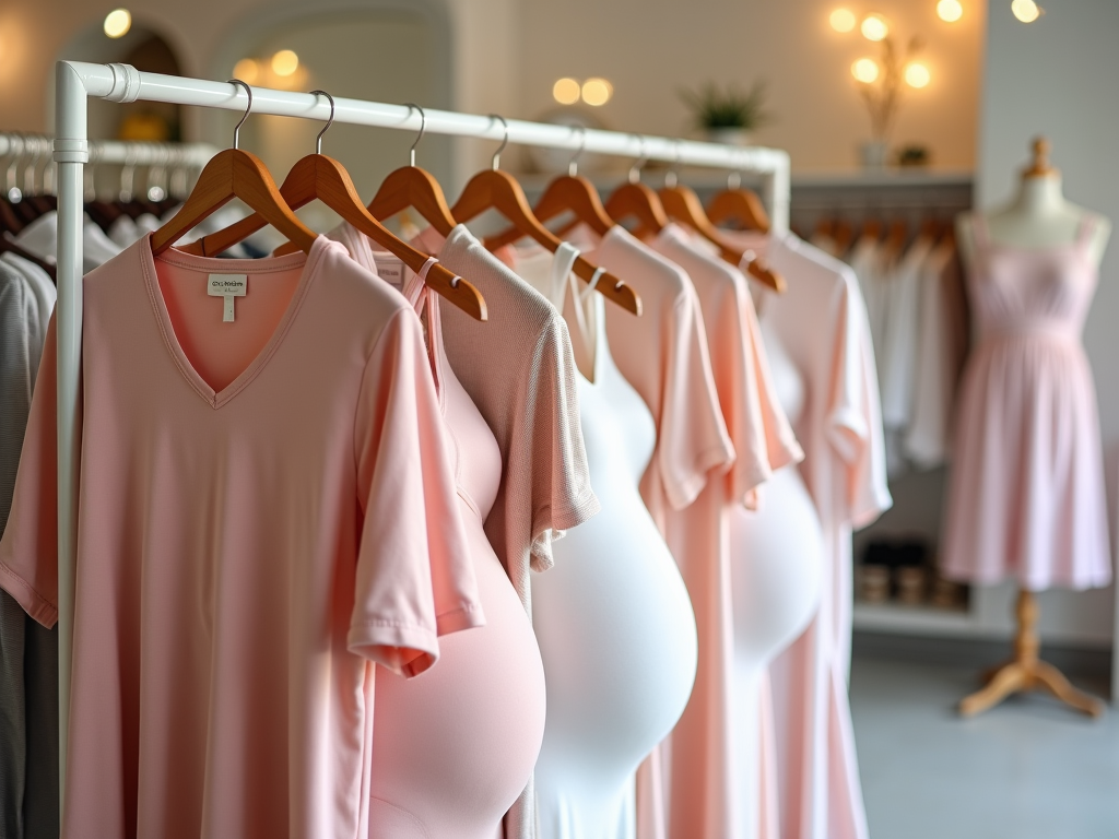 Pink maternity garments on hangers in a stylish boutique with a dress mannequin in the background.