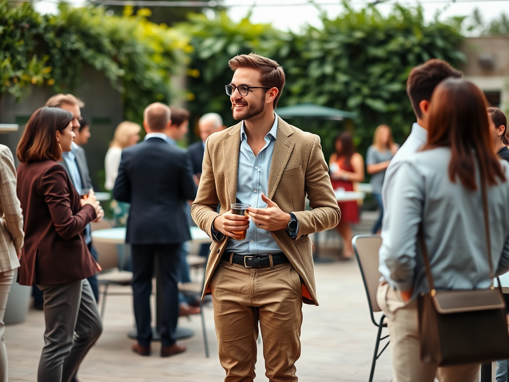 A well-dressed man holds a coffee cup and smiles while chatting at a lively outdoor social gathering.