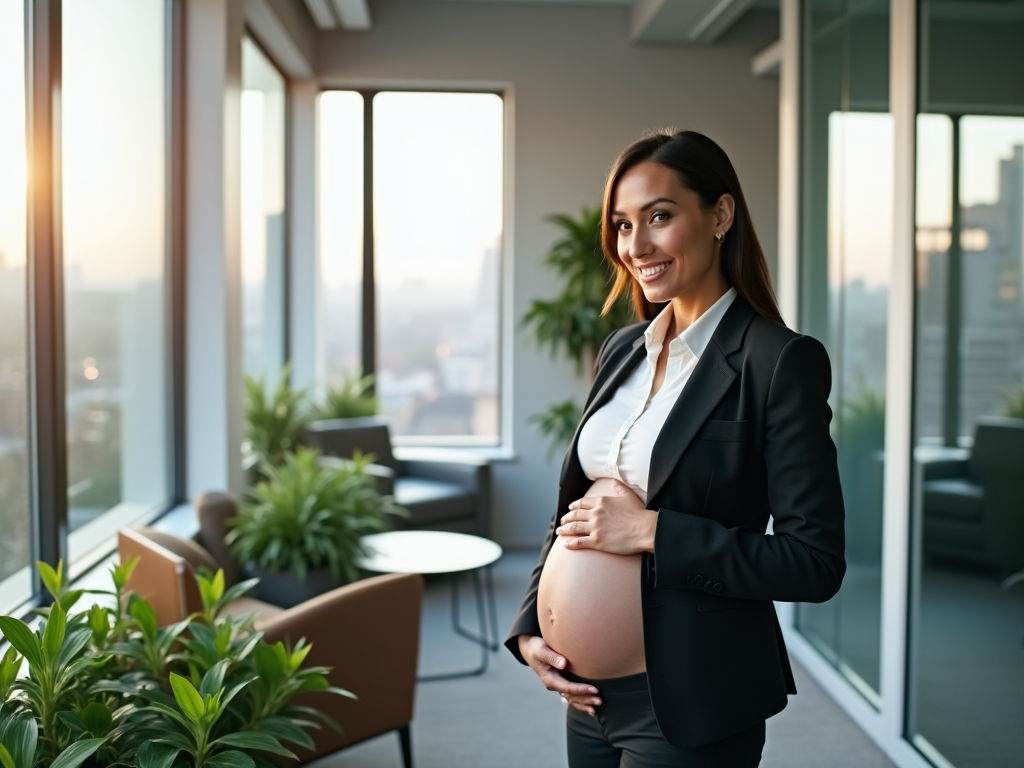 Pregnant businesswoman smiling indoors with city view at sunset.