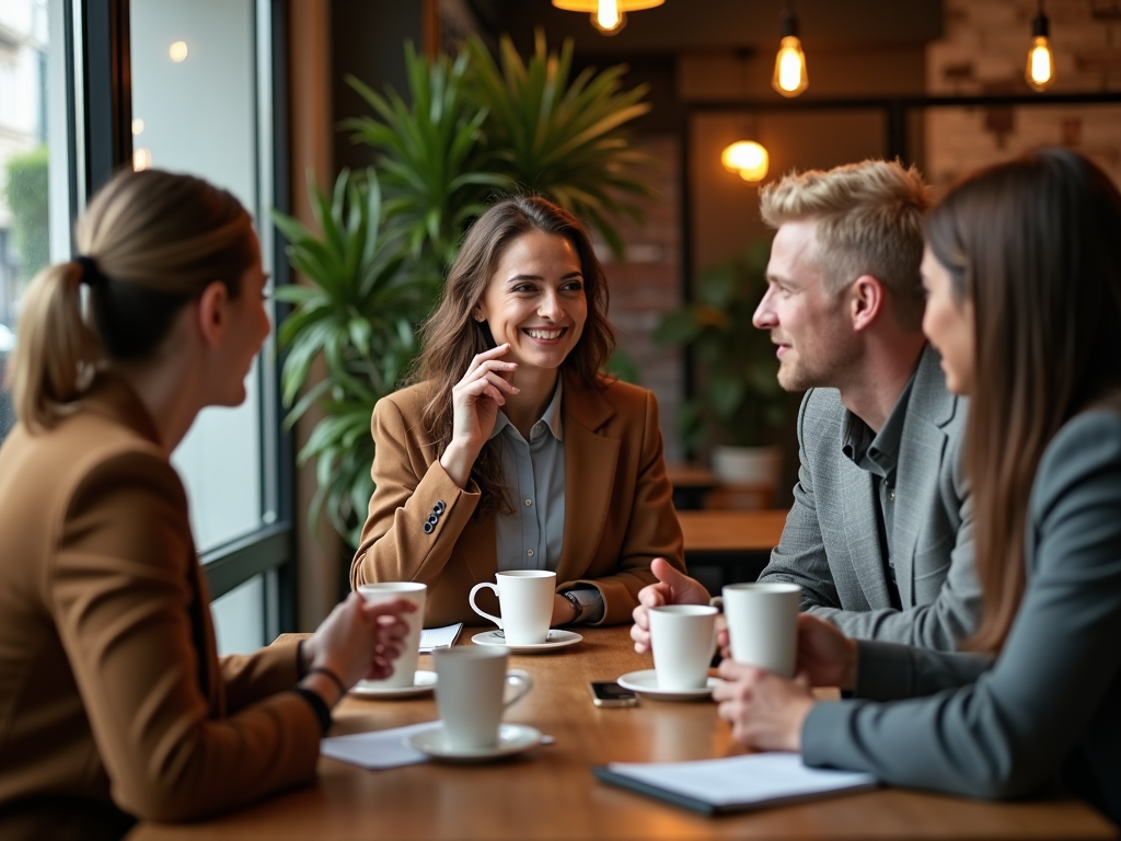 Four people in a relaxed business meeting at a café, smiling and discussing, with coffee cups on the table.