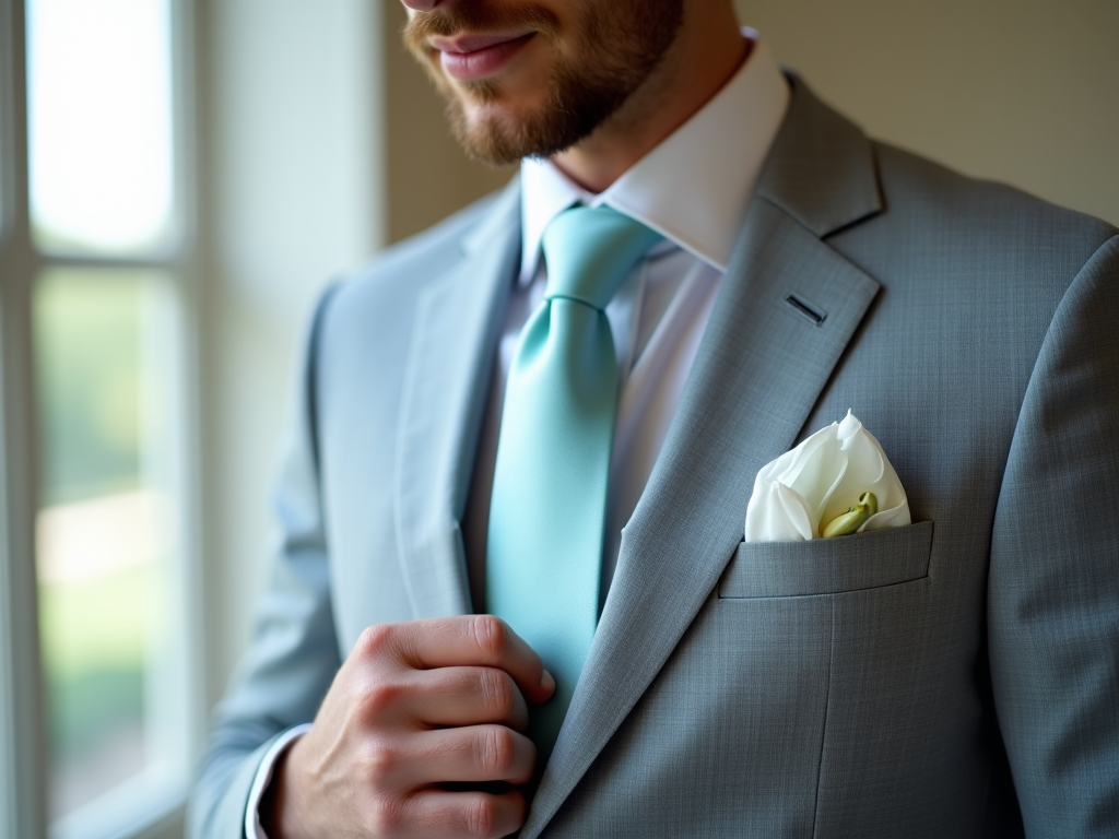 Close-up of a man in a gray suit with a light blue tie and a white flower in his lapel pocket.