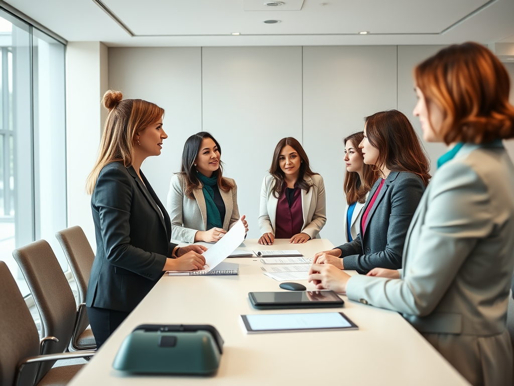 A group of six professional women in business attire engage in a meeting around a conference table.