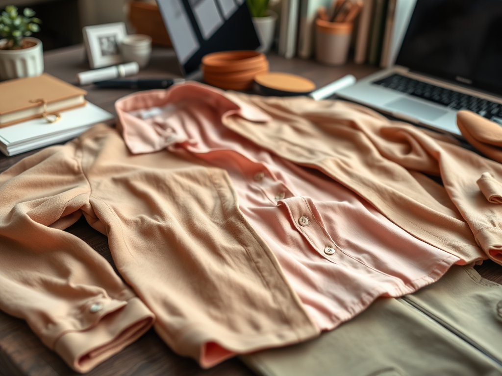 A peach-colored jacket and shirt laid out on a desk, surrounded by office supplies and a laptop.