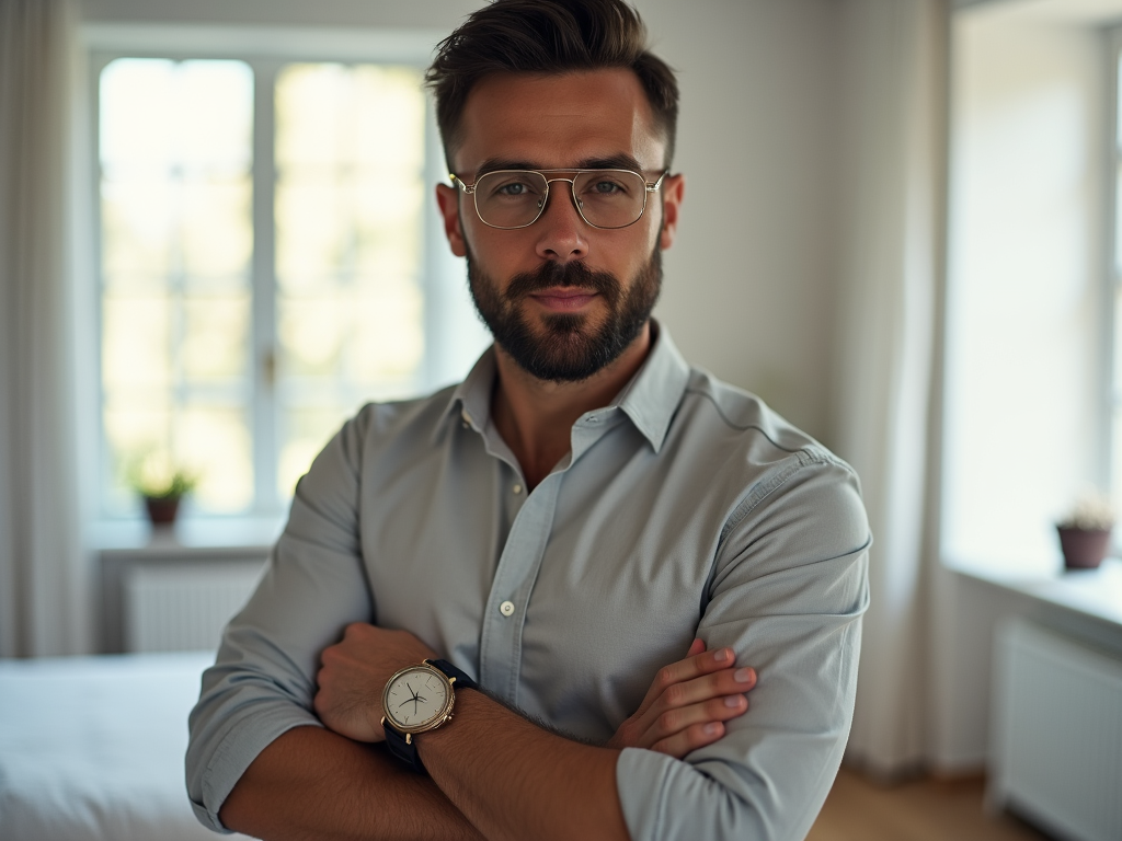 Confident man in glasses with arms crossed wearing a watch, in a brightly lit room.