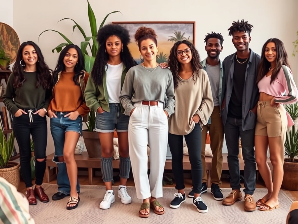 A diverse group of eight friends smiling together in a cozy indoor space with plants and warm decor.