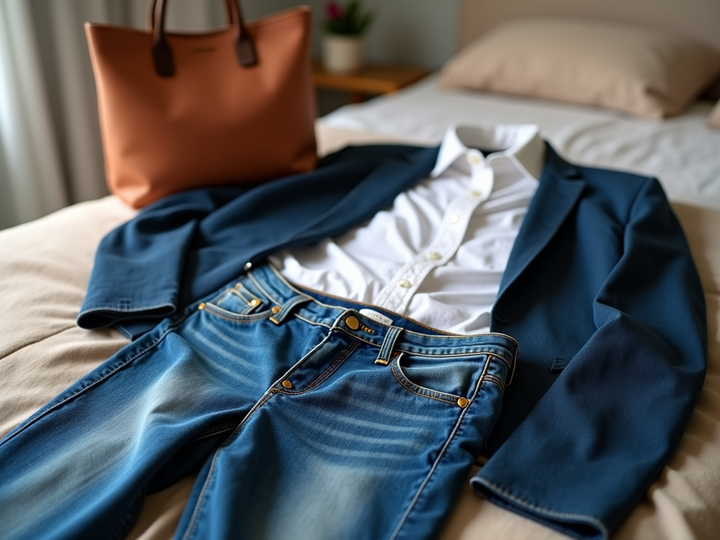 Outfit with blue jeans, white shirt, navy blazer, and tan tote bag on a bed.