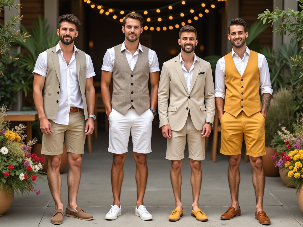 Four men in stylish summer suits posing, with a background of lush flowers and string lights.