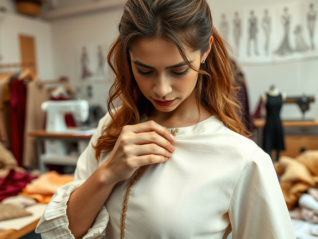 A young woman examines the collar of her shirt in a fashion design studio, surrounded by fabrics and sewing equipment.