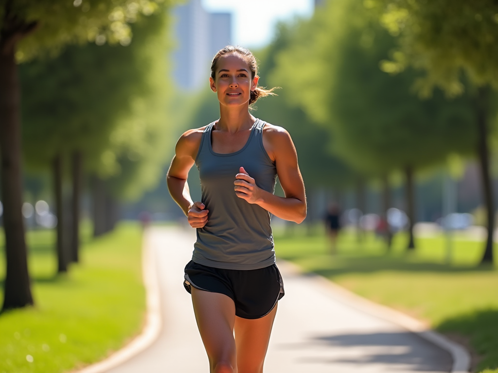 Woman jogging on a sunny park path with trees, wearing a gray tank top and black shorts.