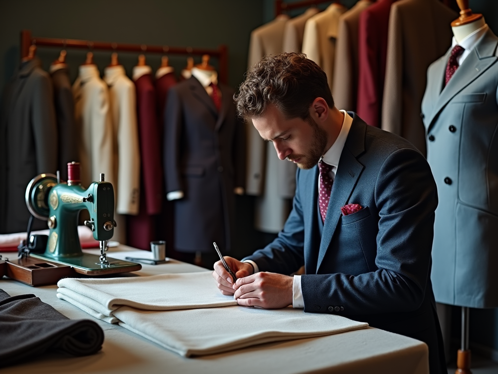 Man in a suit tailoring clothes with a sewing machine and fabric in a boutique.