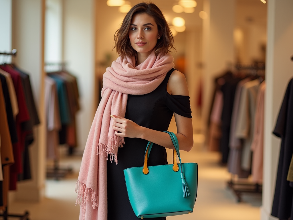 Woman in a chic black dress with pink scarf and teal handbag standing in a clothing store.