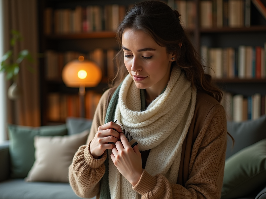 Woman in a cozy scarf holds a book at home with a lamp and bookshelves in the background.