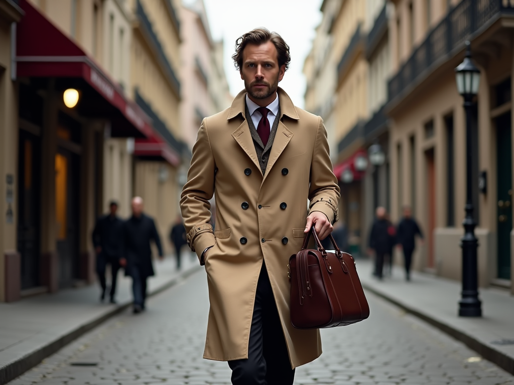 Man in elegant trench coat and tie walking down a city street with a briefcase.