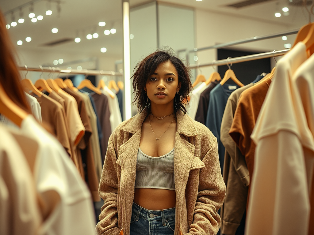A young woman stands in a clothing store, wearing a beige jacket and gray top, surrounded by hanging garments.