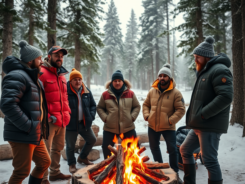 A group of six men in winter attire gathers around a campfire in a snowy forest, sharing stories and laughter.