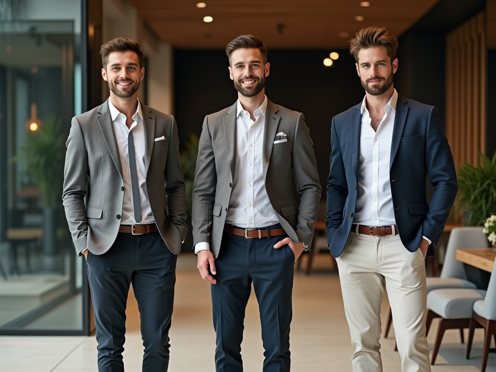 Three professional men in business attire stand confidently in a modern office lobby.