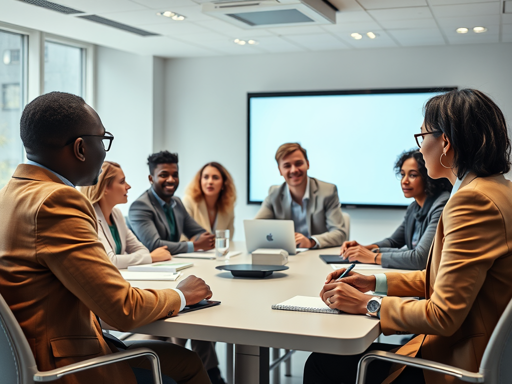 A group of diverse professionals engaged in a meeting around a conference table, with a screen in the background.