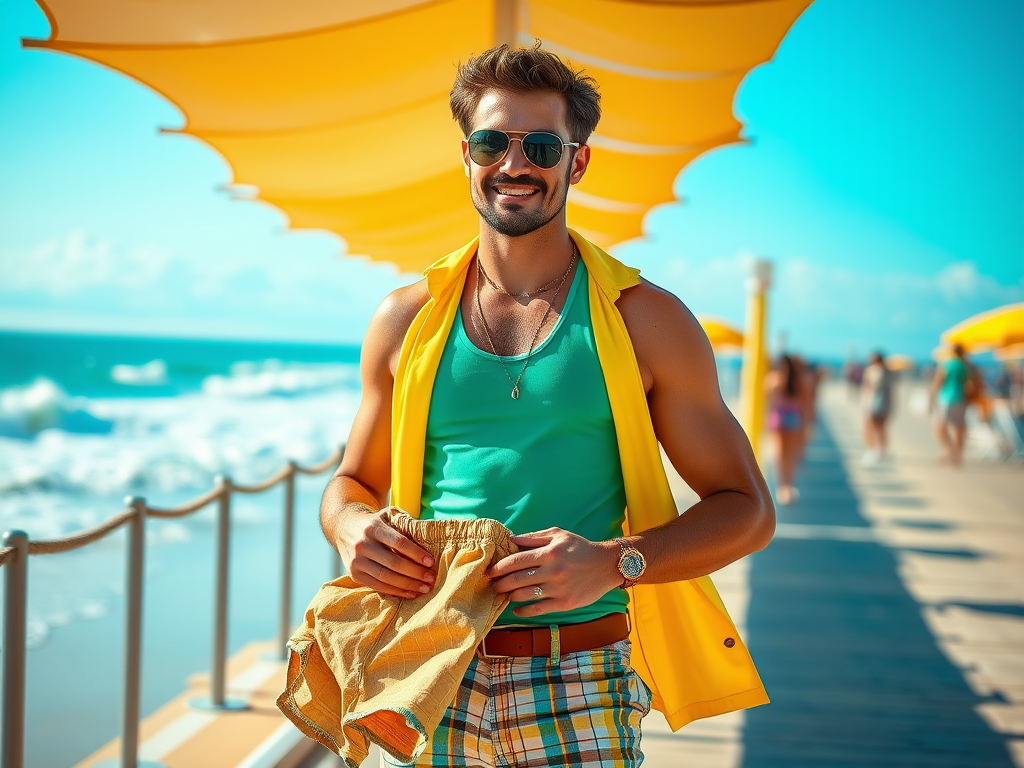 A smiling man in a bright outfit holds swimwear on the beach, with umbrellas and people in the background.