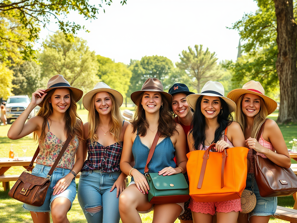 A group of six women with hats, smiling and posing outdoors, holding colorful handbags in a sunny park setting.