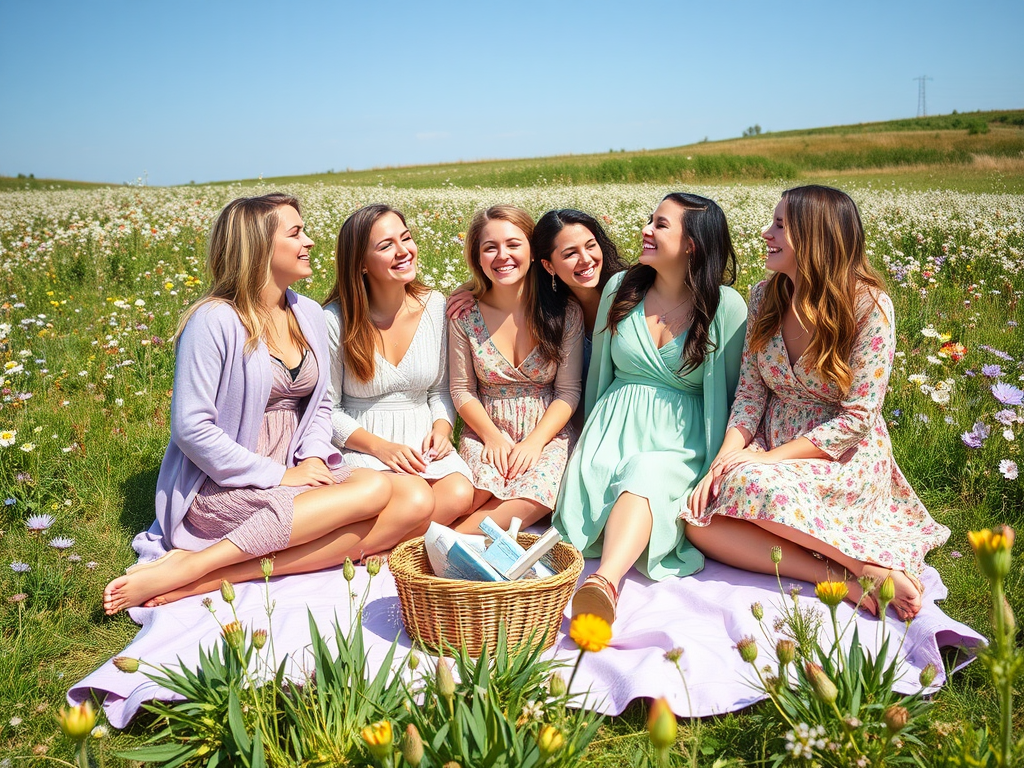 Six women sit on a blanket in a sunny field, smiling and enjoying a picnic among colorful wildflowers.