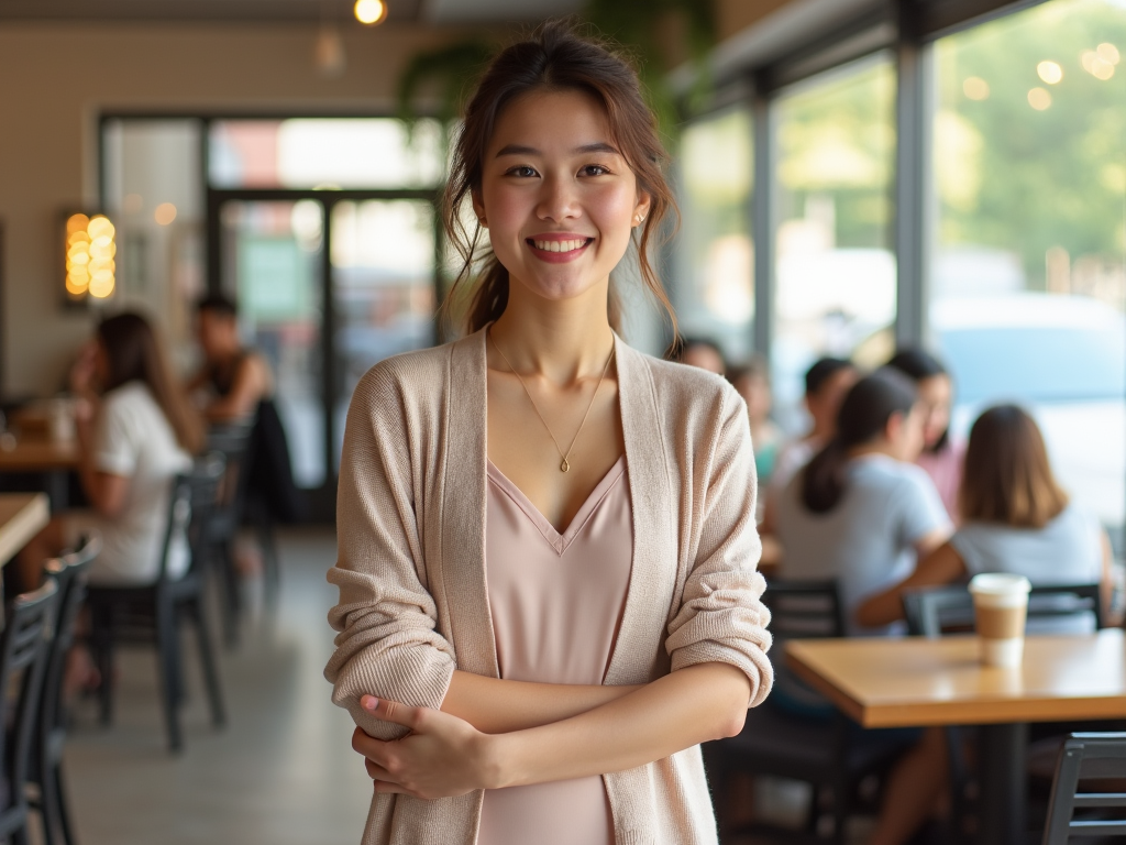 Young woman smiling in a café, arms crossed, with people in the background.