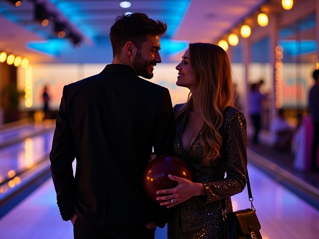 Elegant couple flirting at a bowling alley with ambient lighting.