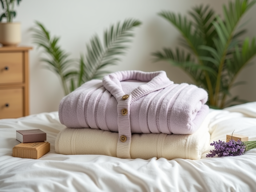 Folded sweaters with lavender on a bed, wooden stands with boxes, tropical plants in background.