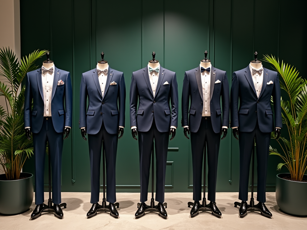 Five mannequins in elegant blue suits displayed against a green wall, flanked by potted plants.