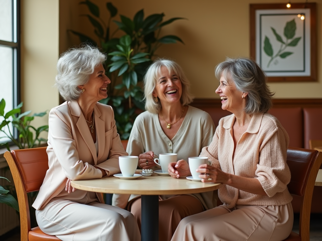 Three senior women laughing and enjoying coffee together at a cafe table.