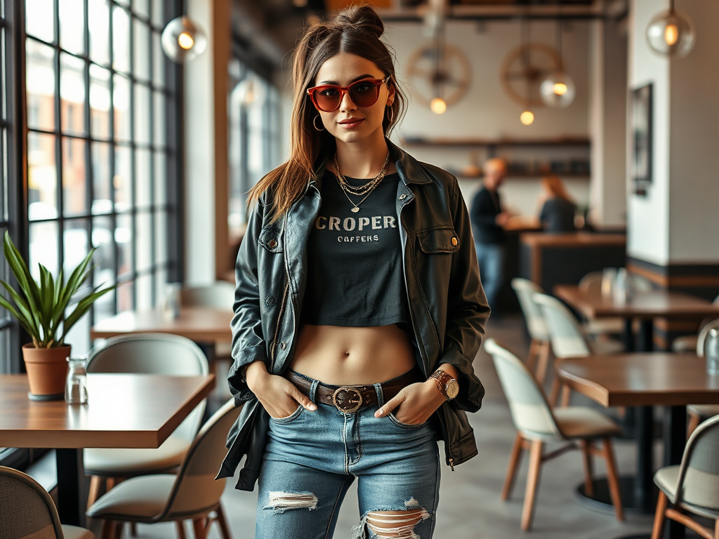 A young woman in a cropped t-shirt and leather jacket stands confidently in a trendy café, surrounded by modern decor.