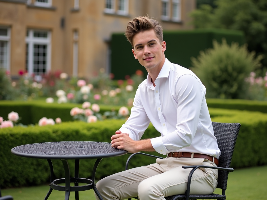 Young man in white shirt sitting at a table in a garden with a historical building in the background.