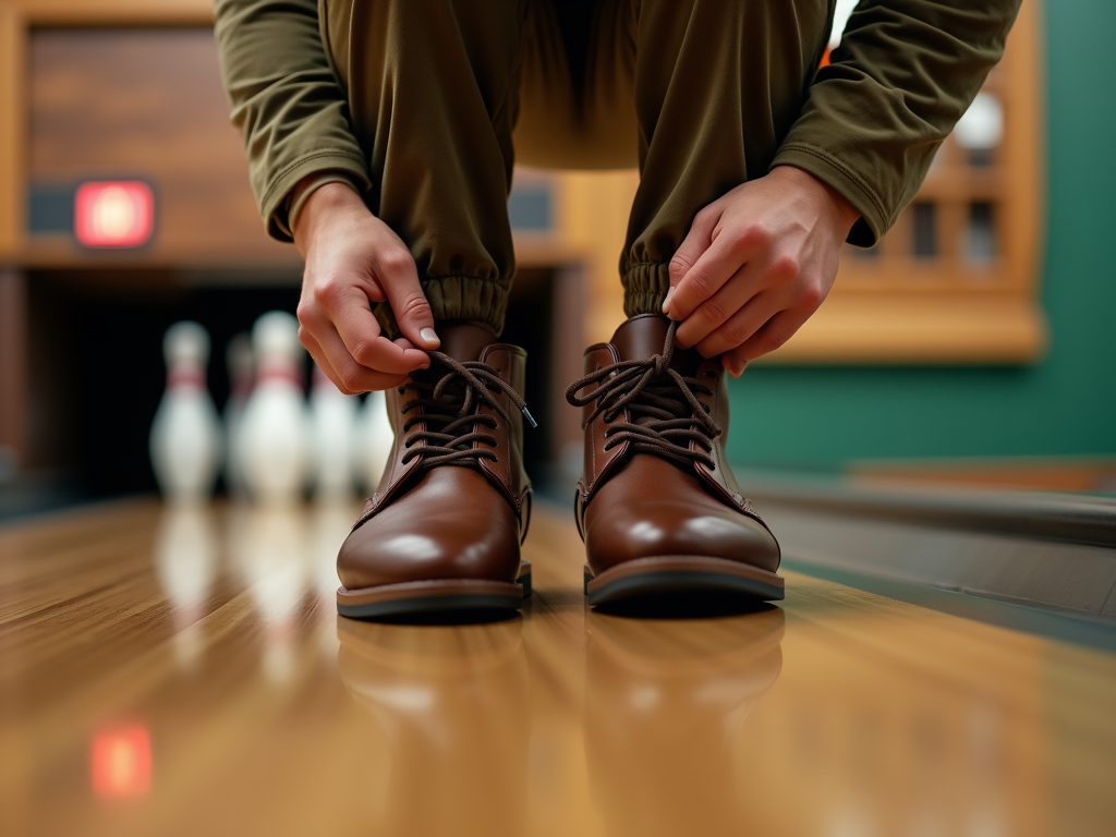 Person tying shoelaces on brown boots at a bowling alley, with pins in the background.