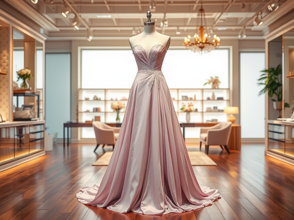 A beautiful pink gown on a mannequin, displayed in an elegant boutique with stylish decor.