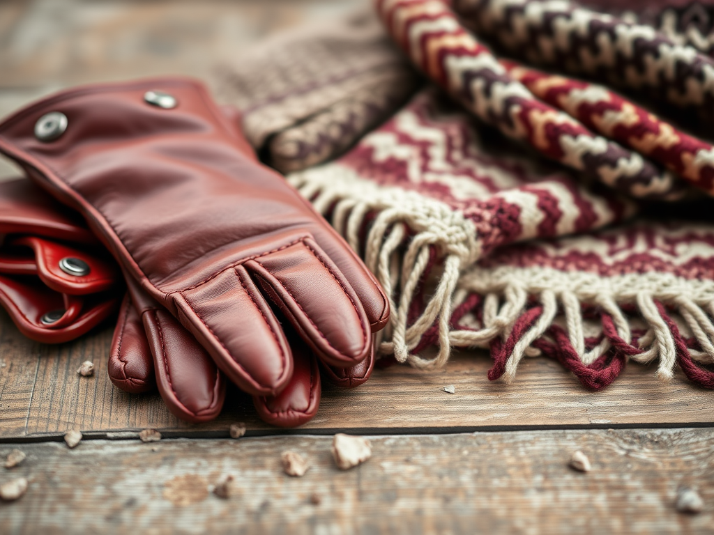 A pair of red leather gloves next to a knitted scarf with a patterned design, resting on a wooden surface.