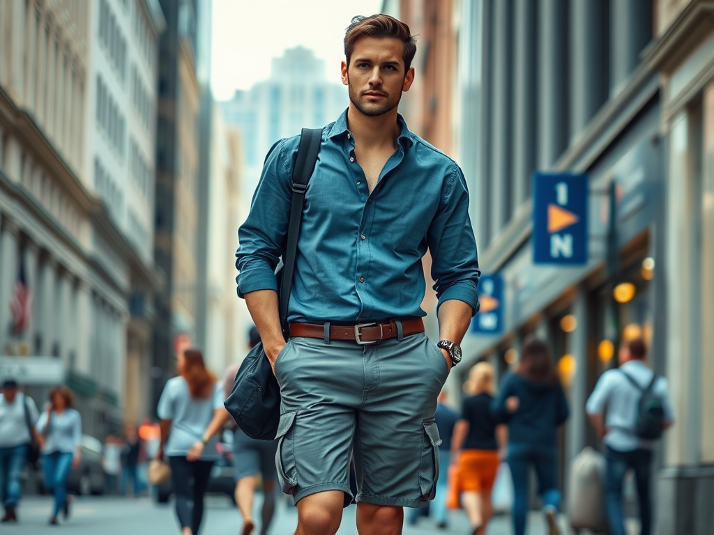 A stylish young man stands confidently on a busy city street, wearing a blue shirt and shorts, with a bag over his shoulder.