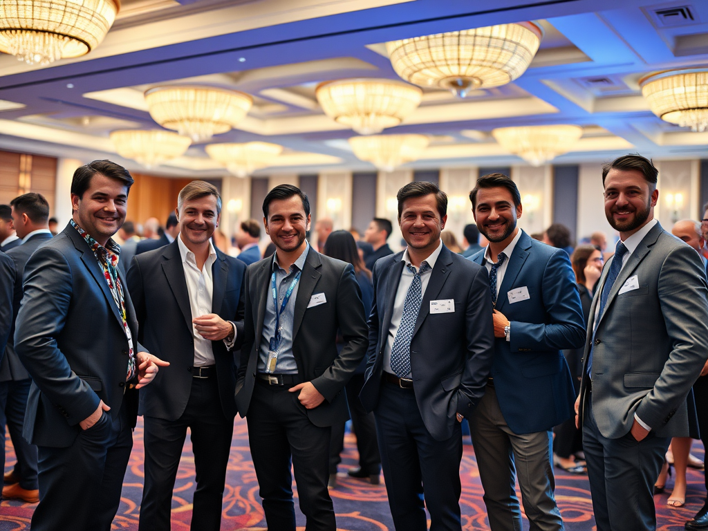 A group of six men in suits smiling together at a social event, with an elegant ambiance in the background.