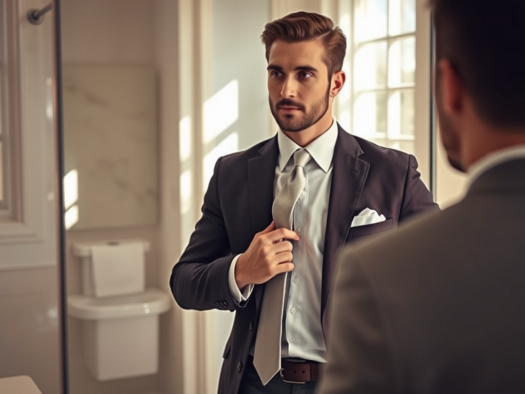A well-dressed man adjusts his tie and looks at his reflection in a bright bathroom.