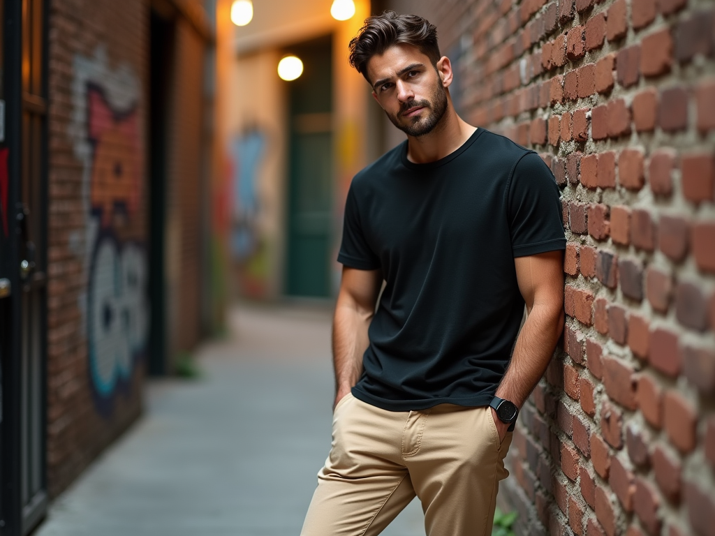 Man leaning against brick wall in alley, wearing black T-shirt and beige pants.